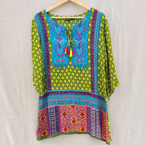 Anandas Collection Multicolor Tunic Top Beaded Tassels Mixed Print Boho Size M